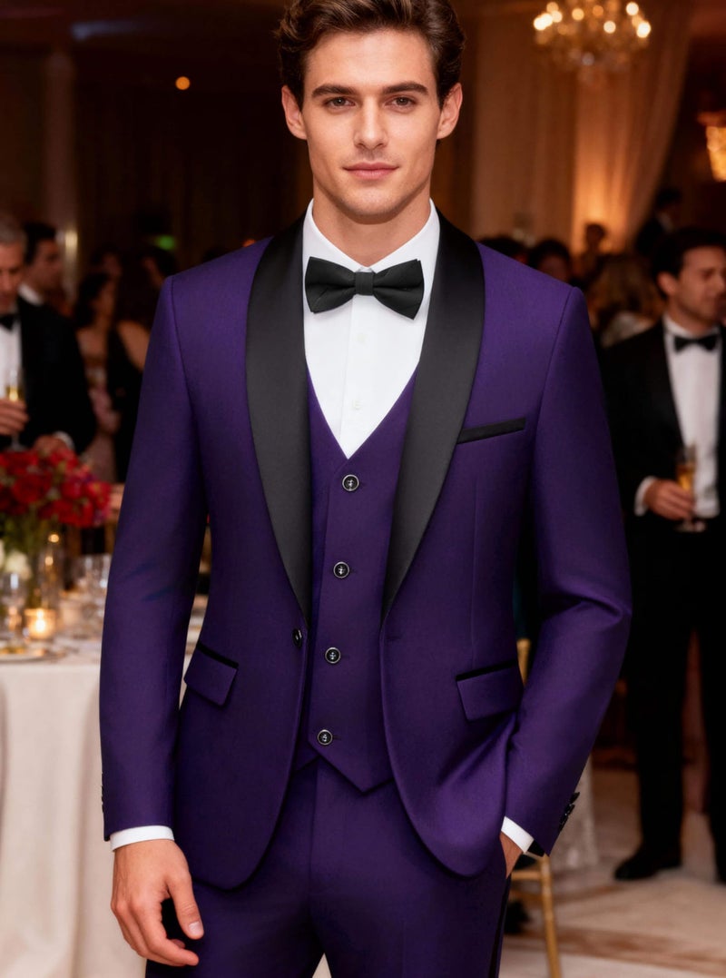 WULFUL Men's 3 Piece Suits Slim Fit Tuxedo Suit Set One Button Shawl Lapel Blazer Jacket Vest Pants Set for Prom, Business Purple - Image 2