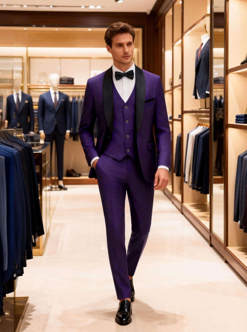 WULFUL Men's 3 Piece Suits Slim Fit Tuxedo Suit Set One Button Shawl Lapel Blazer Jacket Vest Pants Set for Prom, Business Purple - Image 3