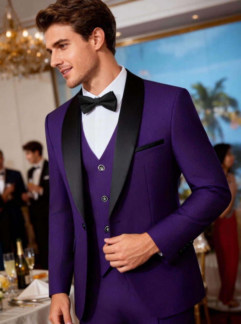WULFUL Men's 3 Piece Suits Slim Fit Tuxedo Suit Set One Button Shawl Lapel Blazer Jacket Vest Pants Set for Prom, Business Purple - Image 4