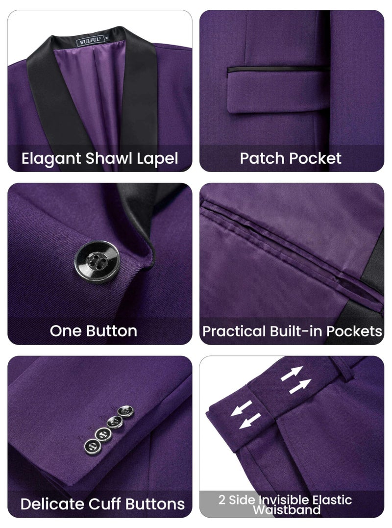 WULFUL Men's 3 Piece Suits Slim Fit Tuxedo Suit Set One Button Shawl Lapel Blazer Jacket Vest Pants Set for Prom, Business Purple - Image 5
