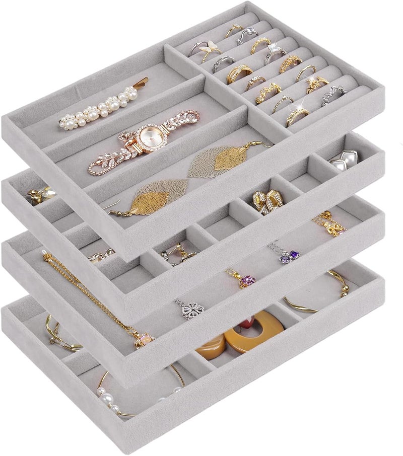 Cirhy 4 Stackable Jewelry Trays Organizer Set for Drawer, Jewelry Organizers and Display Case Storage, Velvet Drawer Inserts Organizer for Necklace Bracelets Earrings Organizer, Gift For Her, Grey - Image 1