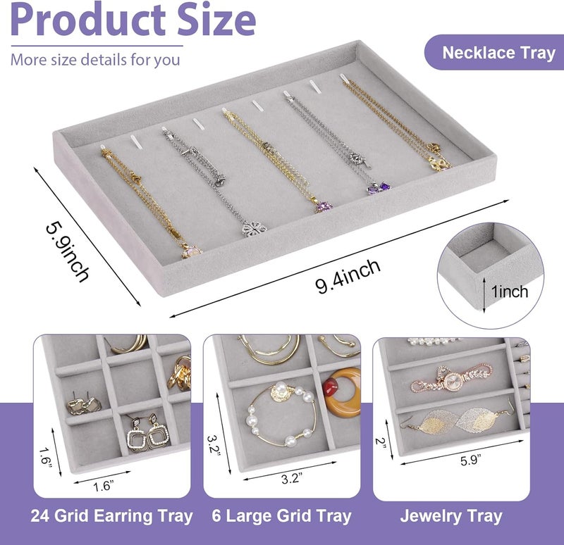 Cirhy 4 Stackable Jewelry Trays Organizer Set for Drawer, Jewelry Organizers and Display Case Storage, Velvet Drawer Inserts Organizer for Necklace Bracelets Earrings Organizer, Gift For Her, Grey - Image 5