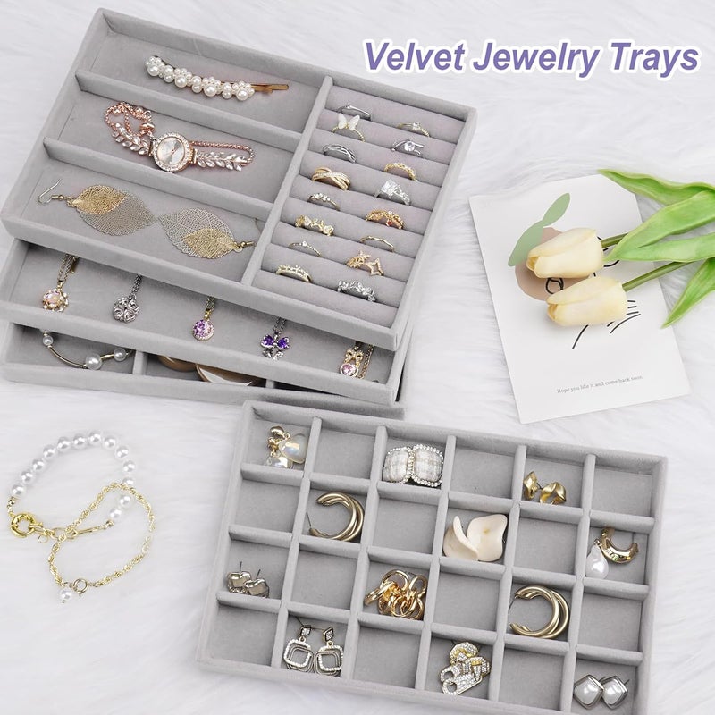 Cirhy 4 Stackable Jewelry Trays Organizer Set for Drawer, Jewelry Organizers and Display Case Storage, Velvet Drawer Inserts Organizer for Necklace Bracelets Earrings Organizer, Gift For Her, Grey - Image 3