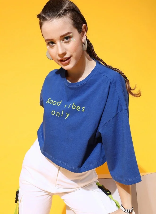 STREET 9 Blue Typography Printed Crop T-Shirt for Women