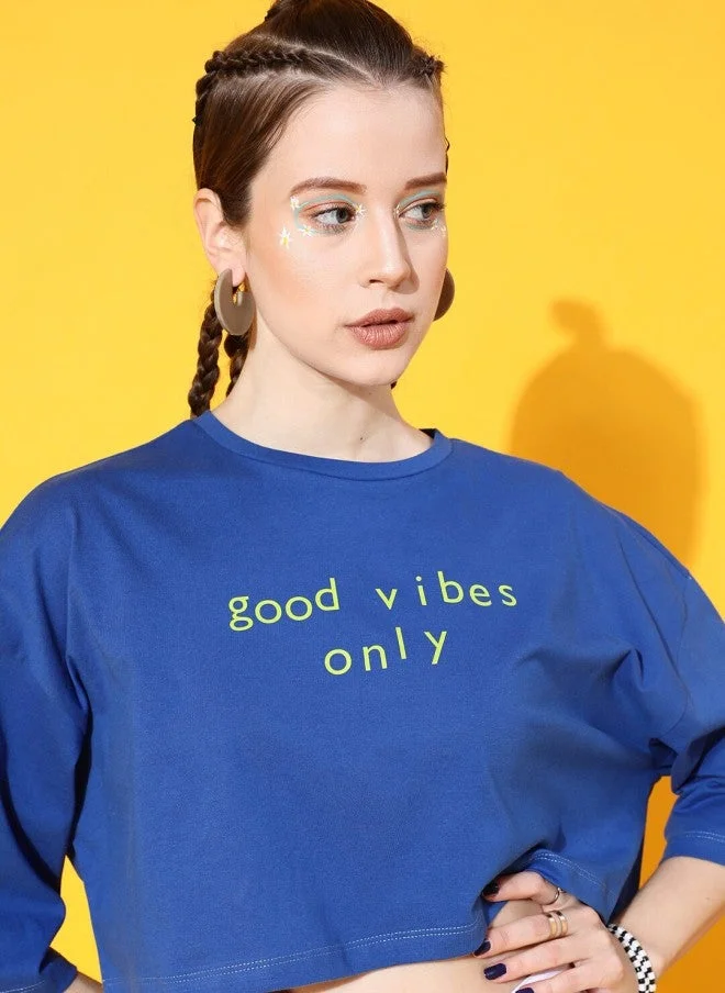 STREET 9 Blue Typography Printed Crop T-Shirt for Women