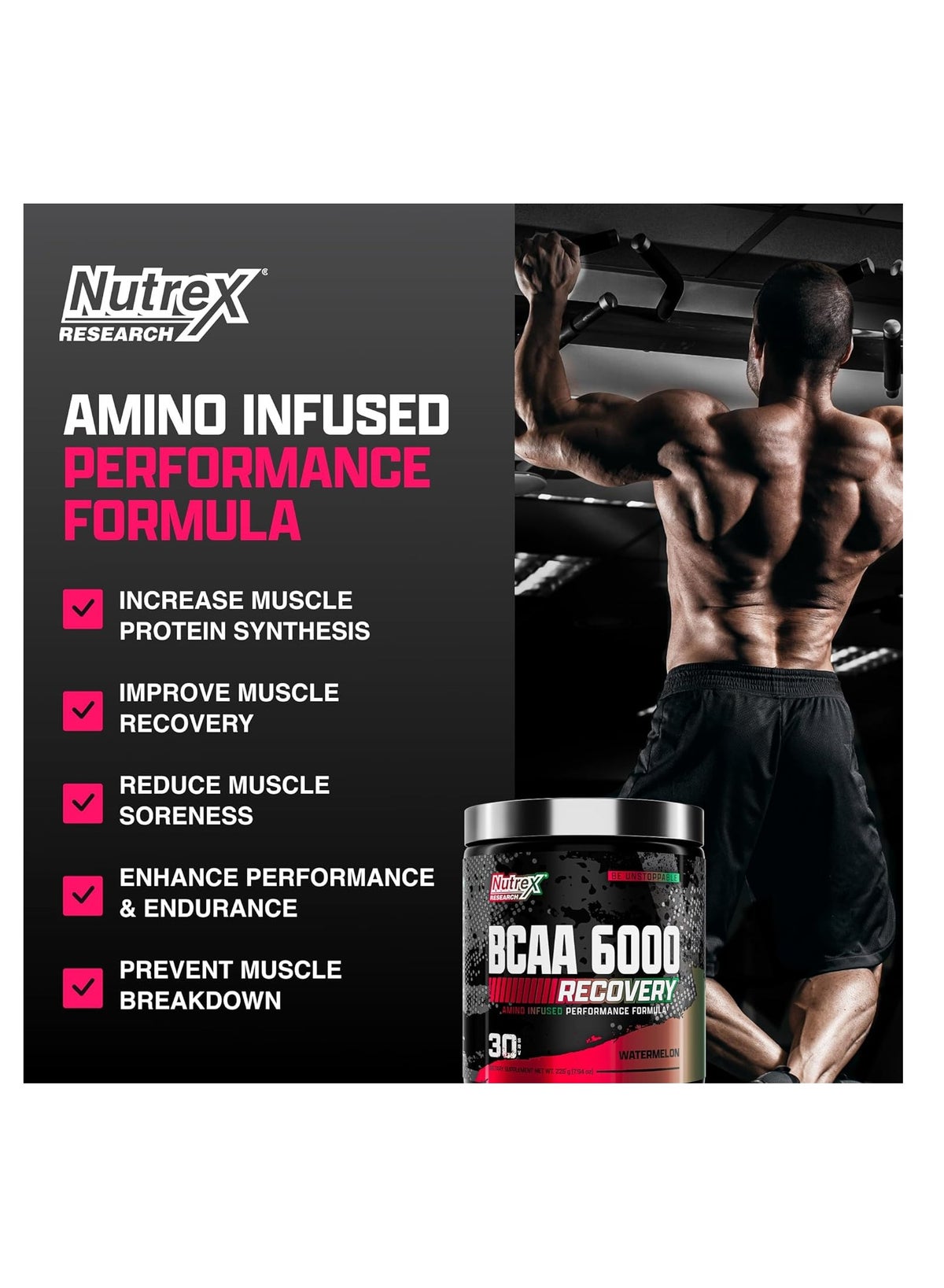 Bcaa Powder 6000 Post Workout Muscle Growth & Recovery Drink Watermelon 30 Servings 225 G