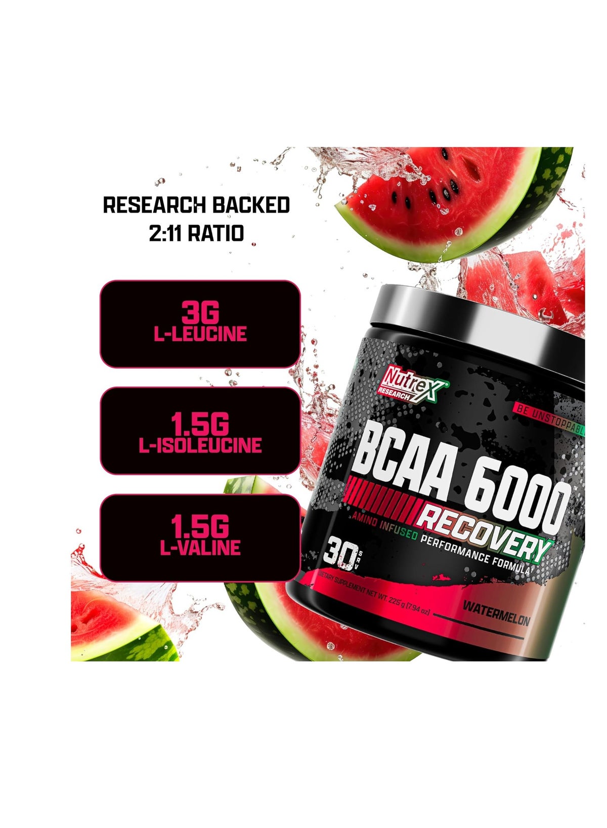 Bcaa Powder 6000 Post Workout Muscle Growth & Recovery Drink Watermelon 30 Servings 225 G