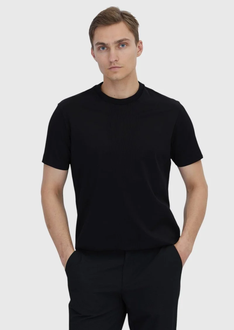 RAMSEY Black Jacquard Crew Neck 100% Cotton T-Shirt