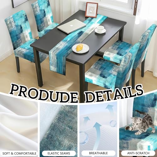MCALK Turquoise Chair Covers Set of 4 and Table Runner,Stretch Grey Chair Slipcovers for Kitchen,Washable Removable Chair Protector Modern Chair Covers for Dining Room - Image 2