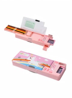 XiuWoo Multifunctional Plastic Stationery Organizer for Primary School Girls - Magnetic Double-Sided Pencil Case with Calculator & Sharpener - Unicorn Design (Pink) | Back-to-School Essentials  - Image 1