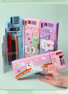 XiuWoo Multifunctional Plastic Stationery Organizer for Primary School Girls - Magnetic Double-Sided Pencil Case with Calculator & Sharpener - Unicorn Design (Pink) | Back-to-School Essentials  - Image 2