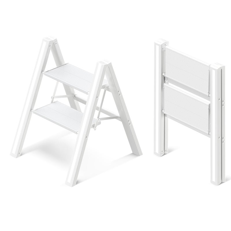 GameGem 2 Step Ladder Aluminum Folding 2 Step Stool with AntiSlip Sturdy and Wide Pedal Lightweight Portable Stepladder for Home and Kitchen Use Space Saving Cream White 330 lbs