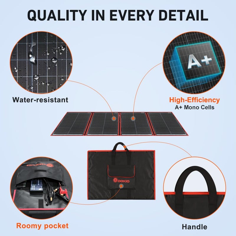 DOKIO 200W Portable Foldable Solar Panel Kit (20x27in, 9.7lb), with Separate Controller and Dual USB, Monocrystalline Charger for 12V Batteries & Power Stations, RV Camping Trailer Emergency Backup - Image 5
