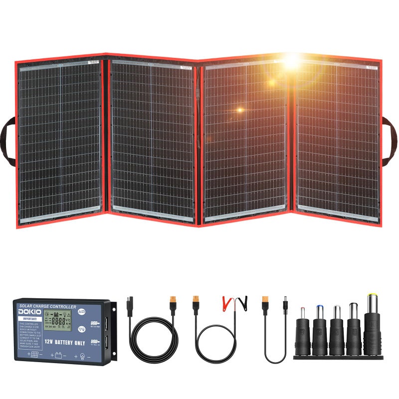 DOKIO 200W Portable Foldable Solar Panel Kit (20x27in, 9.7lb), with Separate Controller and Dual USB, Monocrystalline Charger for 12V Batteries & Power Stations, RV Camping Trailer Emergency Backup - Image 1