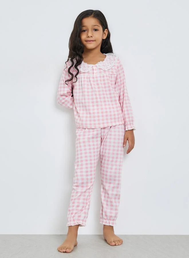 Styli Girls Check Lace Collar Top and Pyjama Set