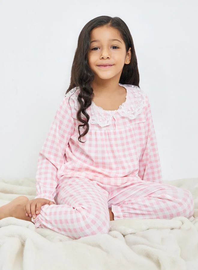 Styli Girls Check Lace Collar Top and Pyjama Set