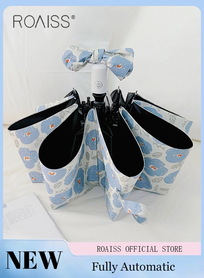 roaiss Blue Flower Fully Automatic Umbrella for Women 8 Rib Lightweight Dual Purpose Umbrella for Sun and Rain Protection Girls Compact Portable Fold Umbrella Effectively Blocks Sunlight UPF50+  - Image 1