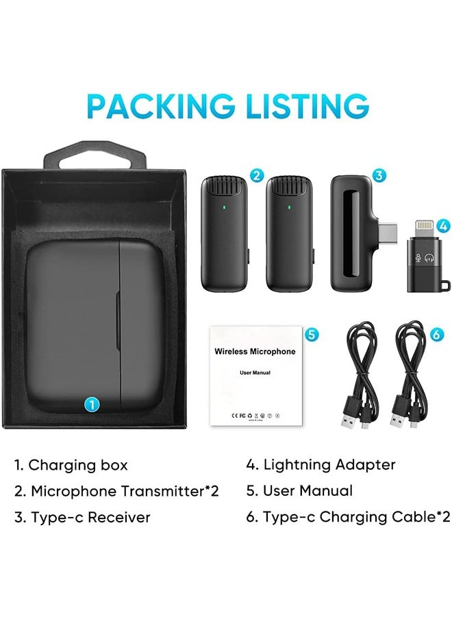 2 Pack Wireless Microphones with Charging Case for Android Phone iPhone/Ipad,Mini Wireless Lavalier Mics for Tiktok Recording/Interview/Vlog, 3 Level Noise Reduction Headphone Monitoring