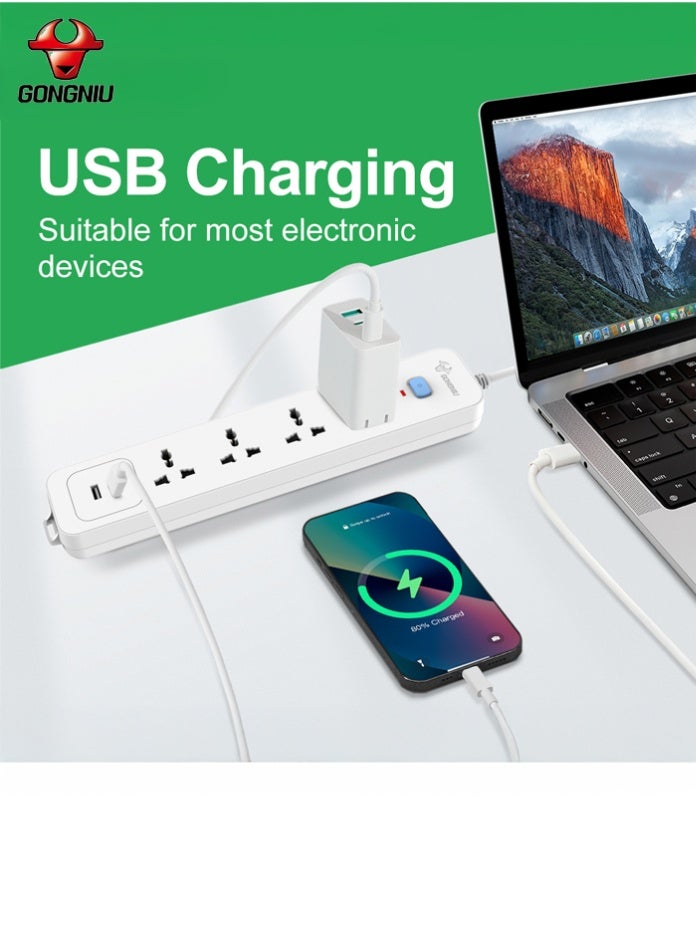 غونغنيو سلك تمديد كهربائي بأربعة منافذ بطول 3 أمتار مع مفتاح رئيسي، ومنفذي USB، وأربعة منافذ كهربائية متعددة الاستخدامات، وسلك تمديد متعدد المقابس مع فتحات تعليق للمنزل والمكتب - Image 4