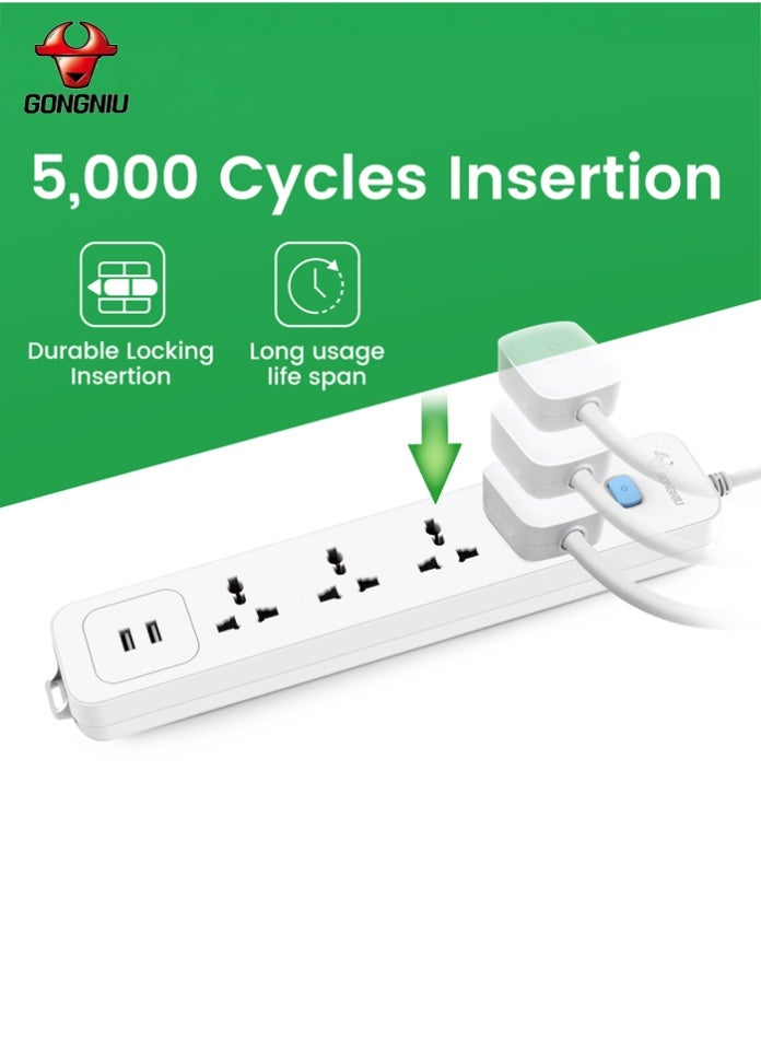 غونغنيو سلك تمديد كهربائي بأربعة منافذ بطول 3 أمتار مع مفتاح رئيسي، ومنفذي USB، وأربعة منافذ كهربائية متعددة الاستخدامات، وسلك تمديد متعدد المقابس مع فتحات تعليق للمنزل والمكتب - Image 3