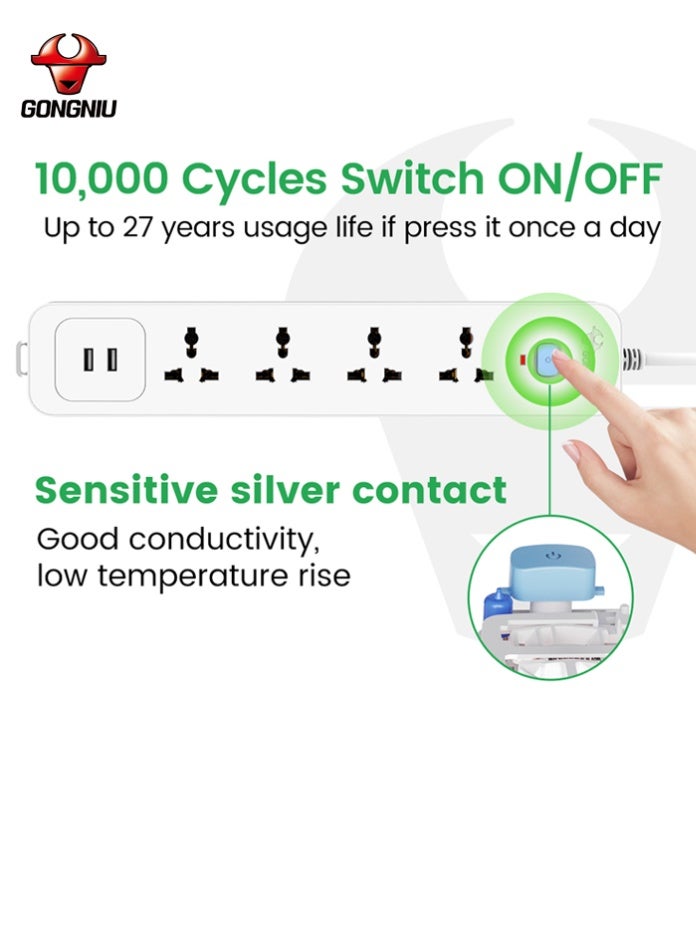 غونغنيو سلك تمديد كهربائي بأربعة منافذ بطول 3 أمتار مع مفتاح رئيسي، ومنفذي USB، وأربعة منافذ كهربائية متعددة الاستخدامات، وسلك تمديد متعدد المقابس مع فتحات تعليق للمنزل والمكتب - Image 5