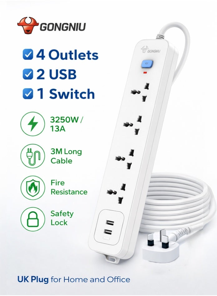 غونغنيو سلك تمديد كهربائي بأربعة منافذ بطول 3 أمتار مع مفتاح رئيسي، ومنفذي USB، وأربعة منافذ كهربائية متعددة الاستخدامات، وسلك تمديد متعدد المقابس مع فتحات تعليق للمنزل والمكتب - Image 1