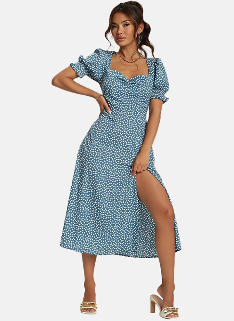 يونيكي Blue Polka Dots A-Line Midi Dress