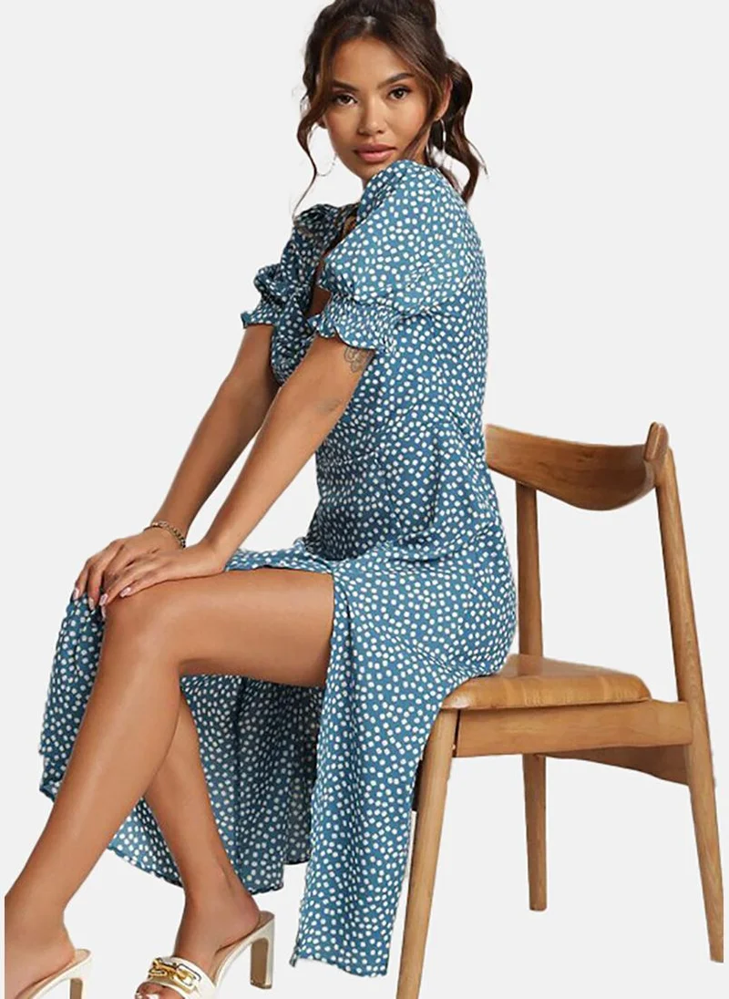 يونيكي Blue Polka Dots A-Line Midi Dress