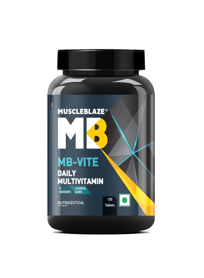 مسل بلايز MuscleBlaze MB-Vite فيتامينات متعددة للاستخدام اليومي (120 قرصاً) | يحتوي على 51 مكوناً و6 مزيجيات | فيتامينات ومعادن، وبريبيوتيك وبروبيوتيك، ومزيج من الأحماض الأمينية | لتعزيز الطاقة والقدرة على التحمل وتسريع الاستشفاء - Image 1