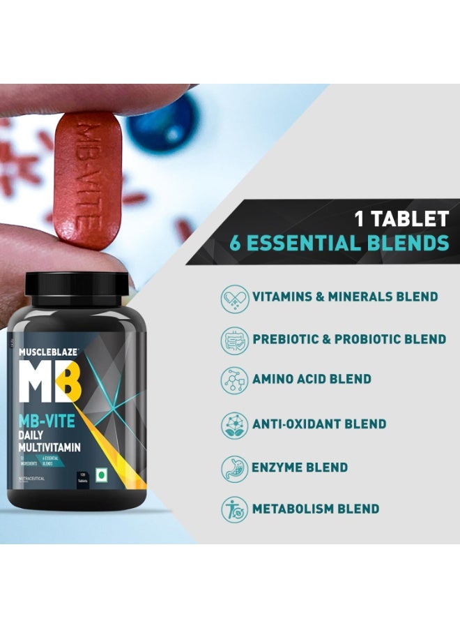 مسل بلايز MuscleBlaze MB-Vite فيتامينات متعددة للاستخدام اليومي (120 قرصاً) | يحتوي على 51 مكوناً و6 مزيجيات | فيتامينات ومعادن، وبريبيوتيك وبروبيوتيك، ومزيج من الأحماض الأمينية | لتعزيز الطاقة والقدرة على التحمل وتسريع الاستشفاء - Image 2