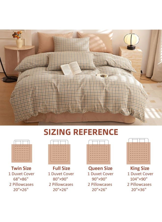 EAVD Retro Tan Gingham Duvet Cover Queen Khaki Brown Grid Plaid Bedding Set Soft 100% Washed Cotton Like Linen Feel Soft 3-Piece Brown Vintage Checkered Plaid Duvet Cover with Zipper Closure - Image 1