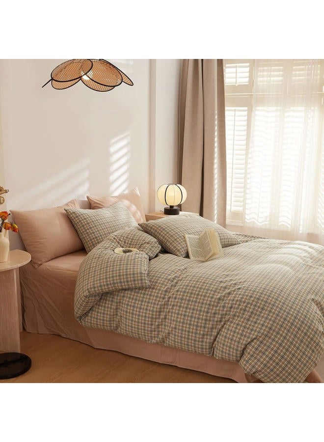 EAVD Retro Tan Gingham Duvet Cover Queen Khaki Brown Grid Plaid Bedding Set Soft 100% Washed Cotton Like Linen Feel Soft 3-Piece Brown Vintage Checkered Plaid Duvet Cover with Zipper Closure - Image 3