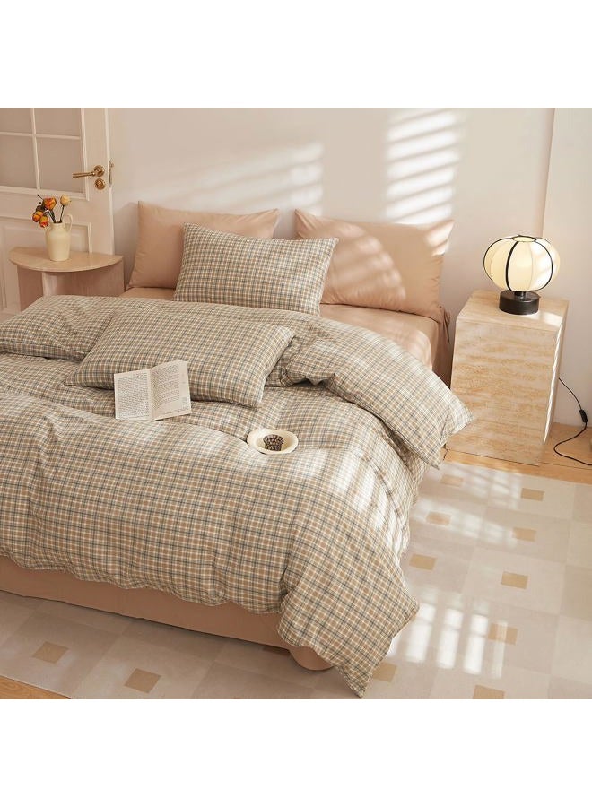 EAVD Retro Tan Gingham Duvet Cover Queen Khaki Brown Grid Plaid Bedding Set Soft 100% Washed Cotton Like Linen Feel Soft 3-Piece Brown Vintage Checkered Plaid Duvet Cover with Zipper Closure - Image 2