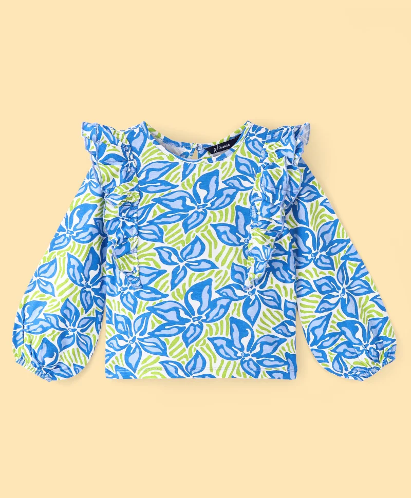 Pine Kids Pine Kids Cotton Knit Full Sleeves Top with Frill Detailing Leaf Print - Multicolour