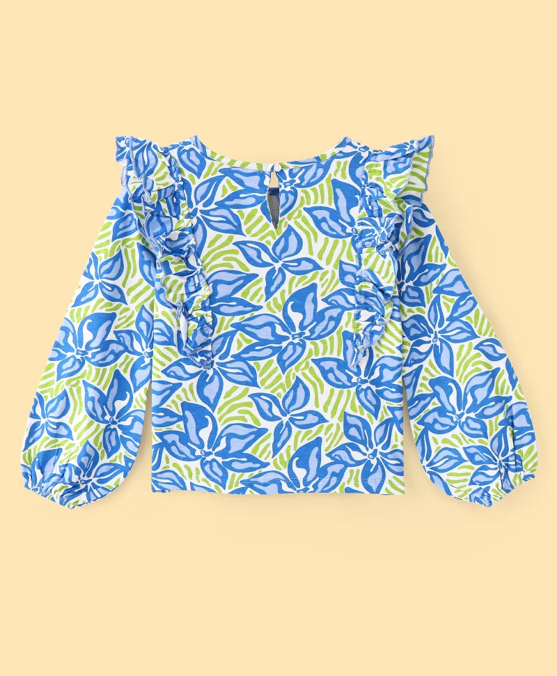 Pine Kids Pine Kids Cotton Knit Full Sleeves Top with Frill Detailing Leaf Print - Multicolour