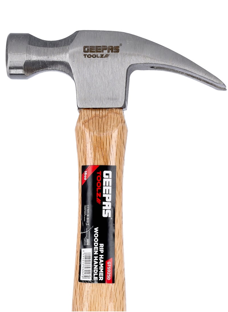 GEEPAS Wooden Handle RIP Hammer with Smooth Face Forged Head, Heavy Duty All-Purpose Hammer  - Image 2