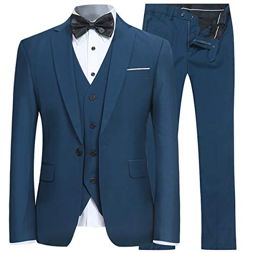 YFFUSHI Men's 3 Piece Suit Set One Button Solid Blazer Jacket Vest Pants for Business, Wedding and Prom Teal Blue - Image 1