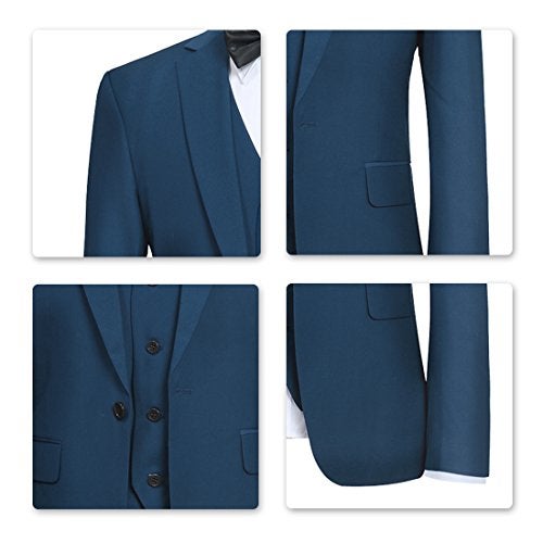 YFFUSHI Men's 3 Piece Suit Set One Button Solid Blazer Jacket Vest Pants for Business, Wedding and Prom Teal Blue - Image 4