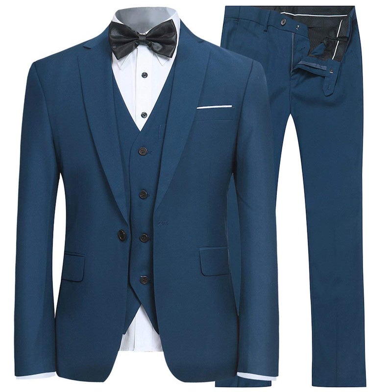 YFFUSHI Men's 3 Piece Suit Set One Button Solid Blazer Jacket Vest Pants for Business, Wedding and Prom Teal Blue - Image 3