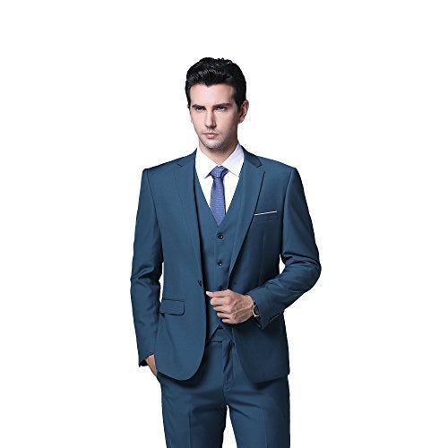 YFFUSHI Men's 3 Piece Suit Set One Button Solid Blazer Jacket Vest Pants for Business, Wedding and Prom Teal Blue - Image 5