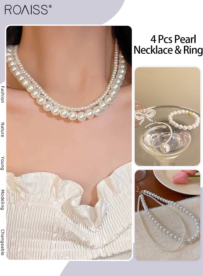 رويس مجموعة مجوهرات أنيقة من اللؤلؤ مكونة من 4 قطع، قلادة من الخرز مزدوجة الطبقات، حلقات مرنة رفيعة قابلة للتكديس، مناسبة لحفلات الزفاف والحفلات والاستخدام اليومي للنساء - Image 1
