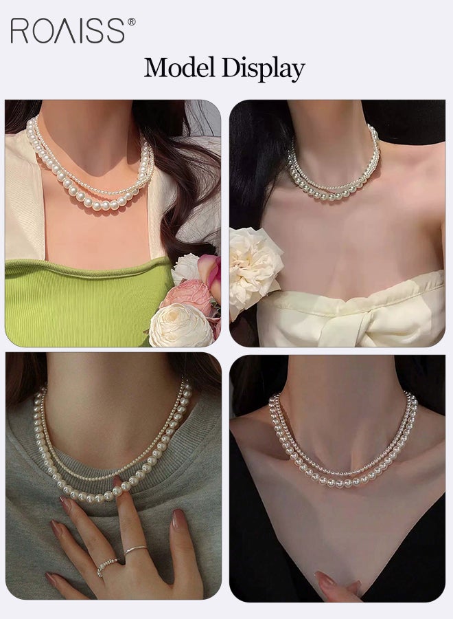 رويس مجموعة مجوهرات أنيقة من اللؤلؤ مكونة من 4 قطع، قلادة من الخرز مزدوجة الطبقات، حلقات مرنة رفيعة قابلة للتكديس، مناسبة لحفلات الزفاف والحفلات والاستخدام اليومي للنساء - Image 3