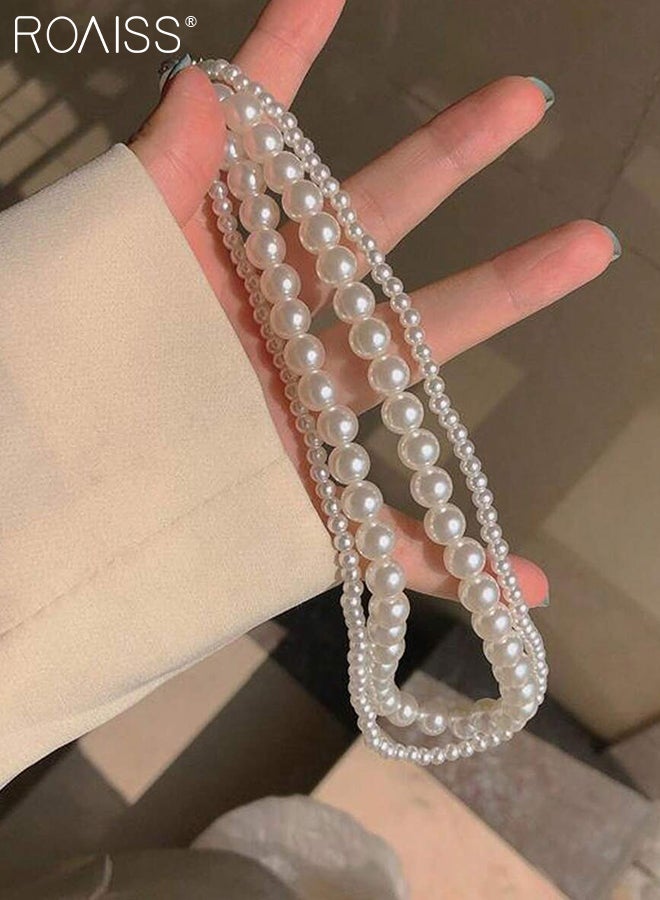 رويس مجموعة مجوهرات أنيقة من اللؤلؤ مكونة من 4 قطع، قلادة من الخرز مزدوجة الطبقات، حلقات مرنة رفيعة قابلة للتكديس، مناسبة لحفلات الزفاف والحفلات والاستخدام اليومي للنساء - Image 5