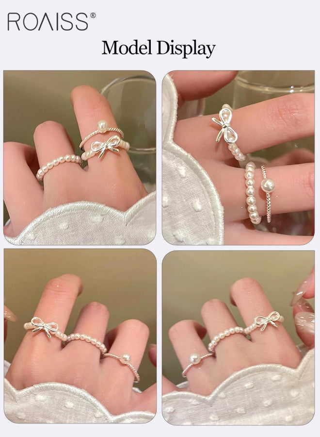 رويس مجموعة مجوهرات أنيقة من اللؤلؤ مكونة من 4 قطع، قلادة من الخرز مزدوجة الطبقات، حلقات مرنة رفيعة قابلة للتكديس، مناسبة لحفلات الزفاف والحفلات والاستخدام اليومي للنساء - Image 2