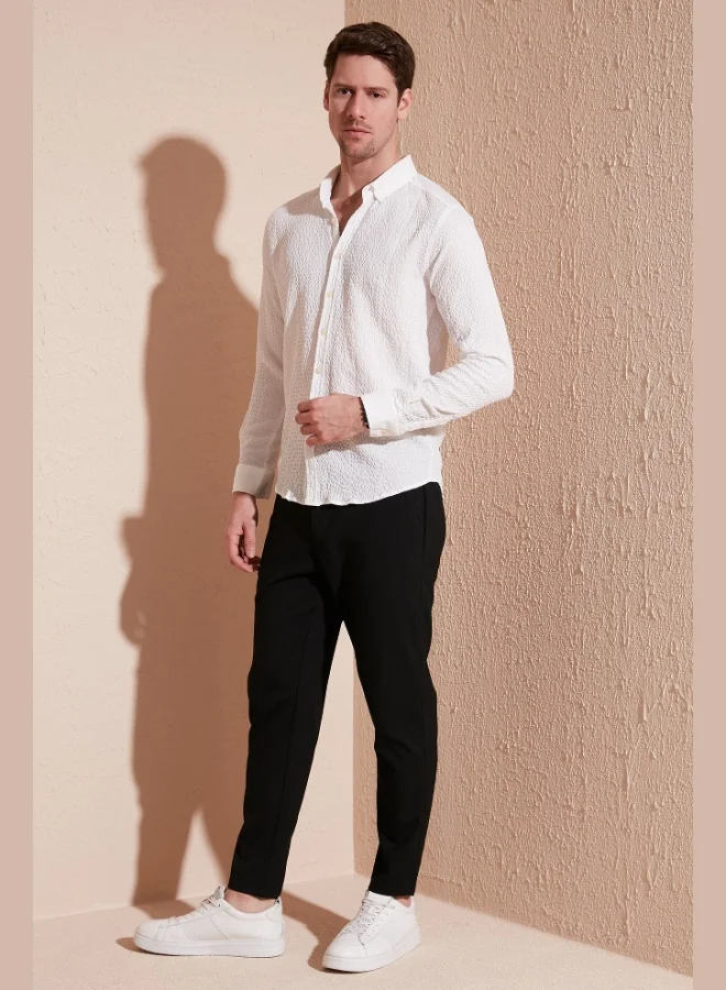 بوراتي قميص رجالي قطني مخطط بياقة بأزرار وأكمام طويلة بقصة عادية