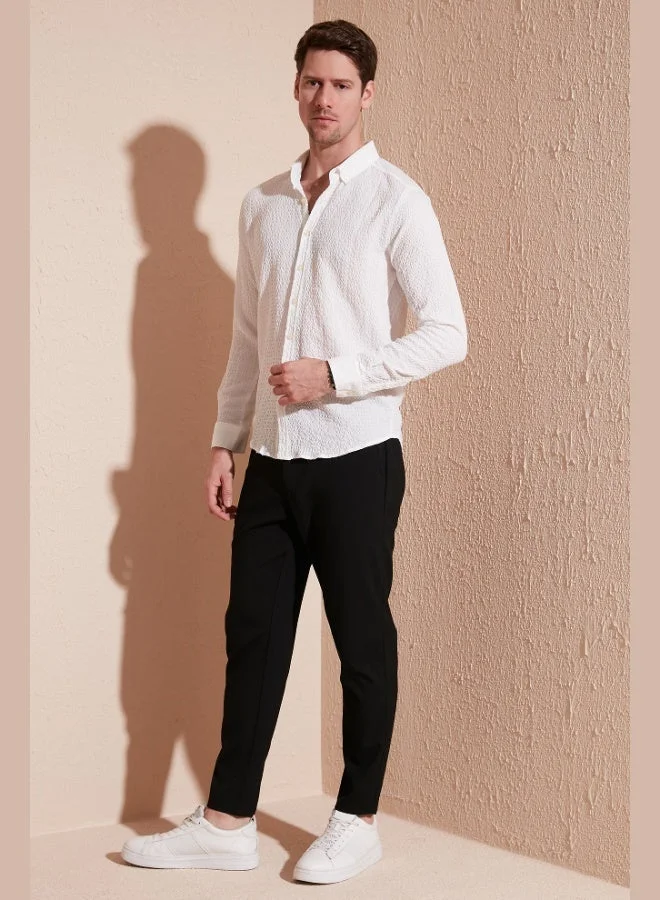 بوراتي قميص رجالي قطني مخطط بياقة بأزرار وأكمام طويلة بقصة عادية