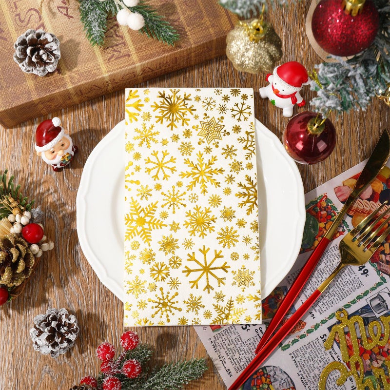 AnyDesign 80 Pcs Christmas Guest Napkin White Gold Foil Snowflake Disposable Paper Napkin Xmas Dinner Hand Towel Napkin for Winter Wonderland Party Table Decor - Image 3
