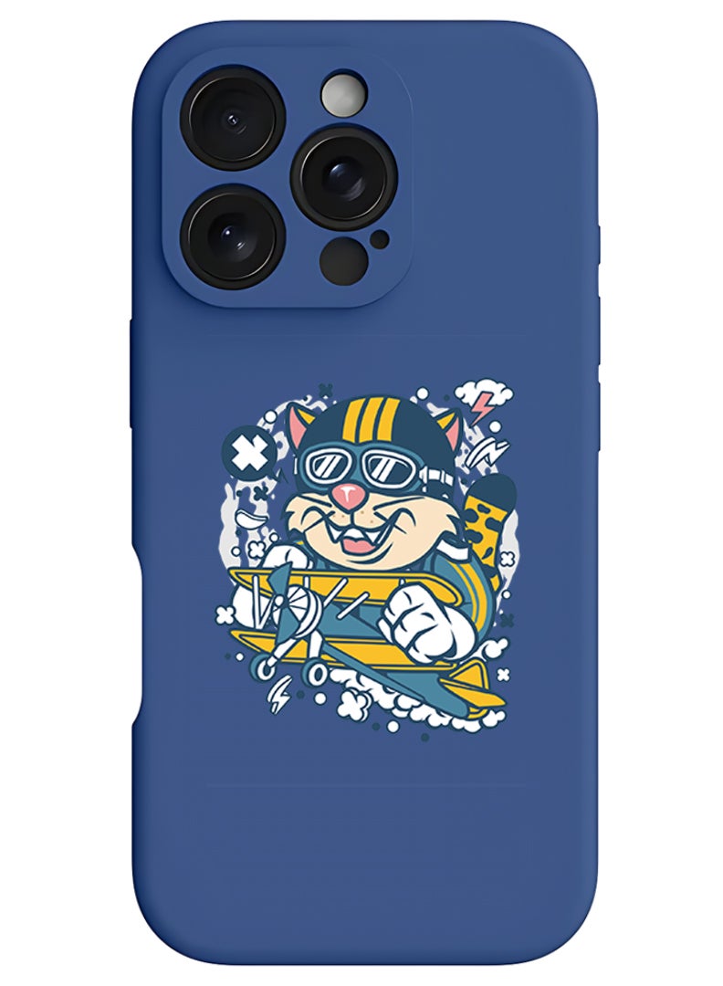 Theodor iPhone 16 Pro Max Blue Protective Slim Fit Case Liquid Silicone Cover with Full Body Protection Anti-Scratch Shockproof Case For iPhone - cat on plane - Image 1