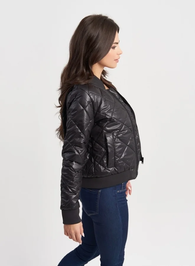 هايليز Quilted Black Bomber Jacket