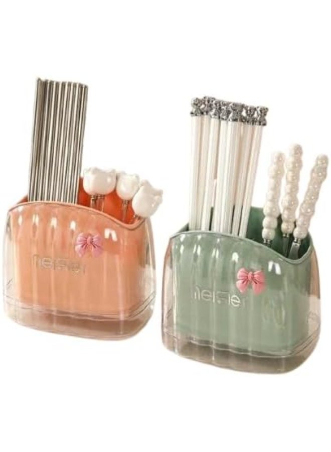 2-Compartment Acrylic Spoon and Utensil Drainer Stylish Design with Separate Base and Decorative Bow Sticker CH (Mint Green) - Image 3